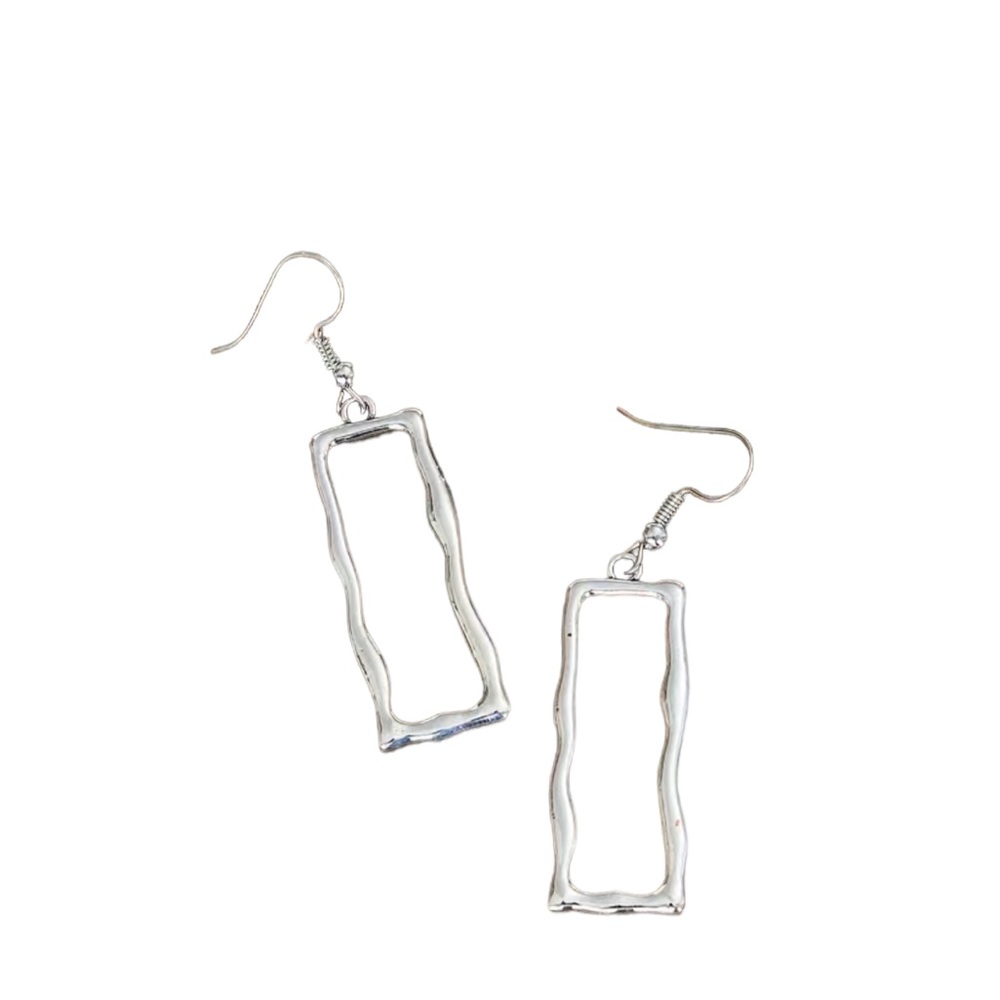 Boho Hollow Cut Rectangular Hammered Silver Drop … - image 2